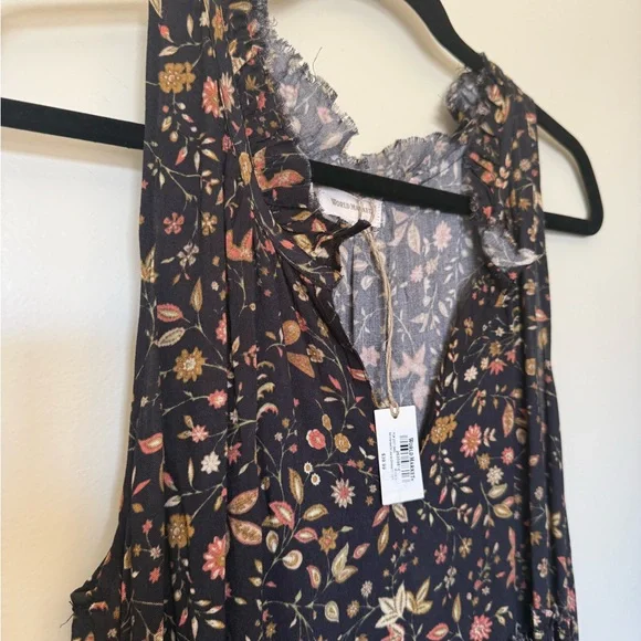 NWT Cost Plus World Market Black V-Neck Sleeveless Floral Tiered Midi Dress L/XL - Picture 2 of 12